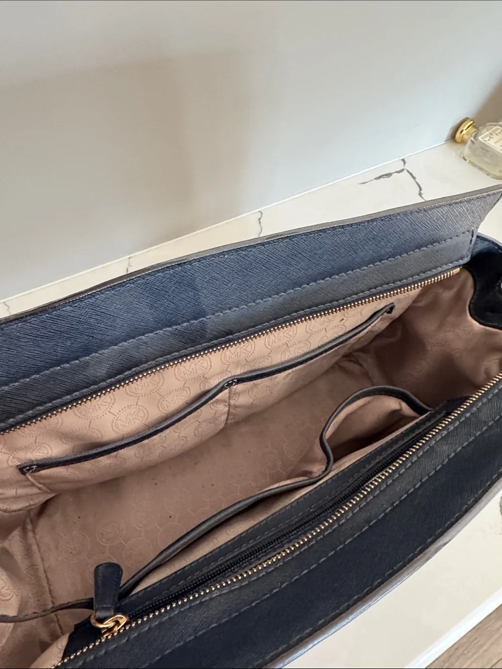 MICHAEL KORS Navy Saffiano Satchel with Gold Accents